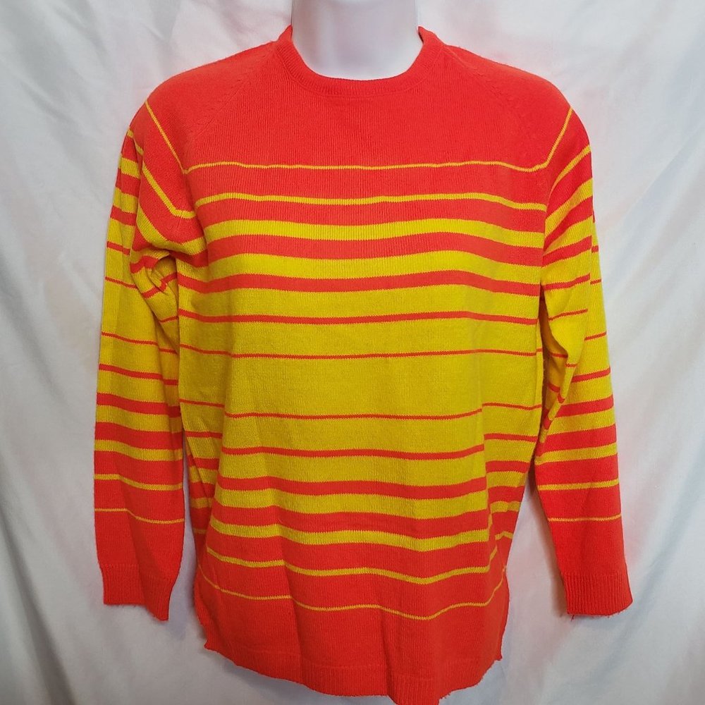 Vintage Acrylic Sweater Bright Yellow Orange Stripe Size Small Pauline Zip Back